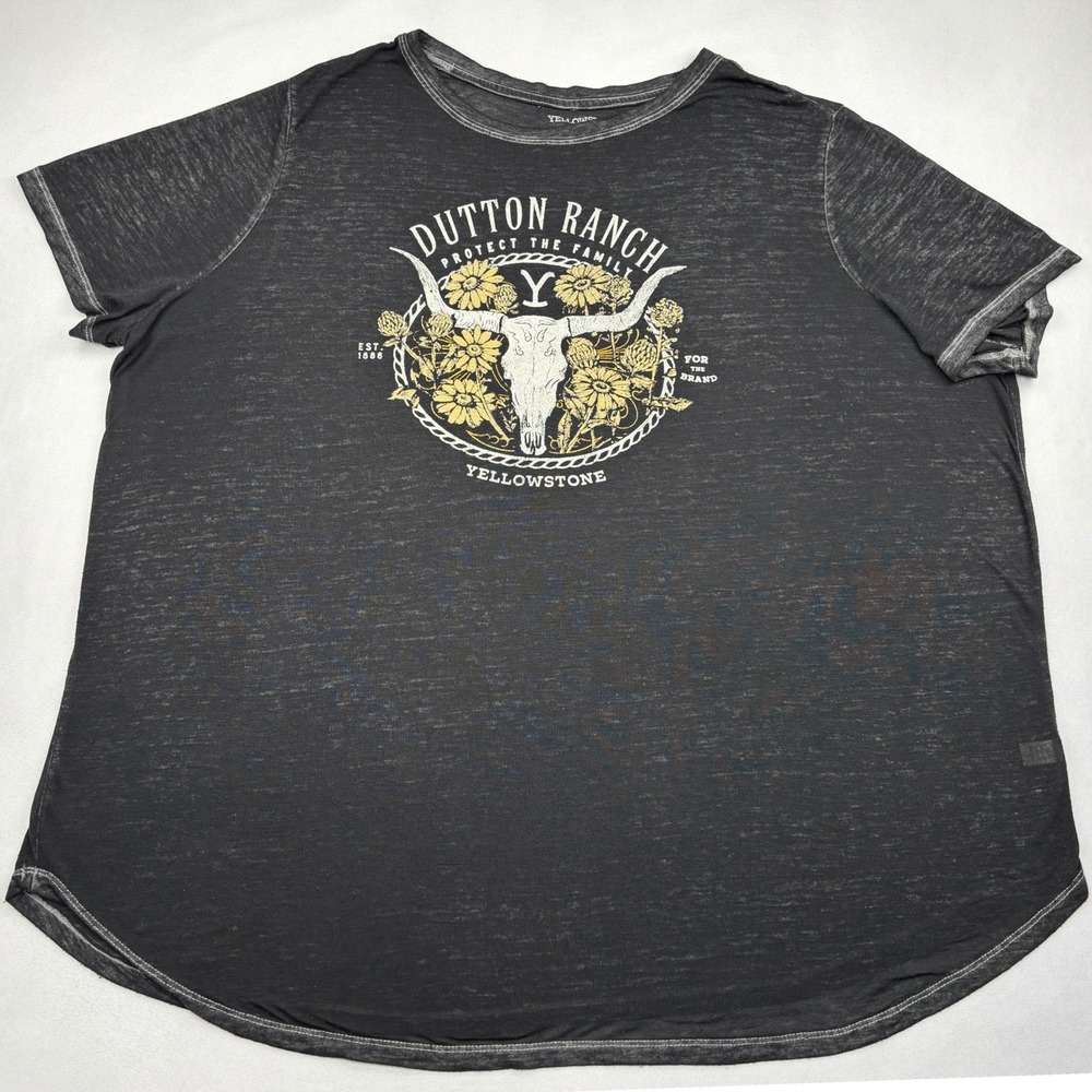 Yellowstone Dutton Ranch Shirt Womens 2X Charcoal Burnout Steer Skull Graphic T